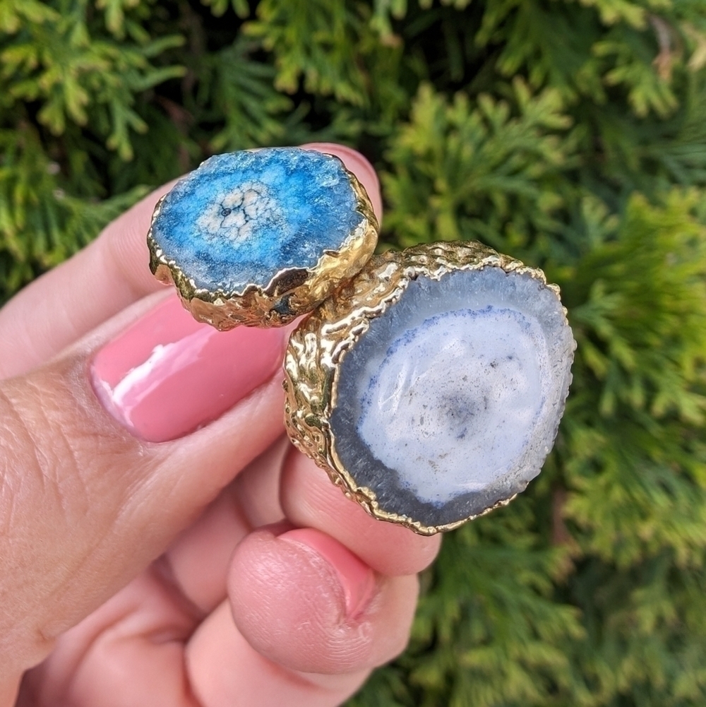 Artisan Handmade In Morocco Adjustable Blue Double Geode Gold Ring Size 8 - Picture 3 of 8